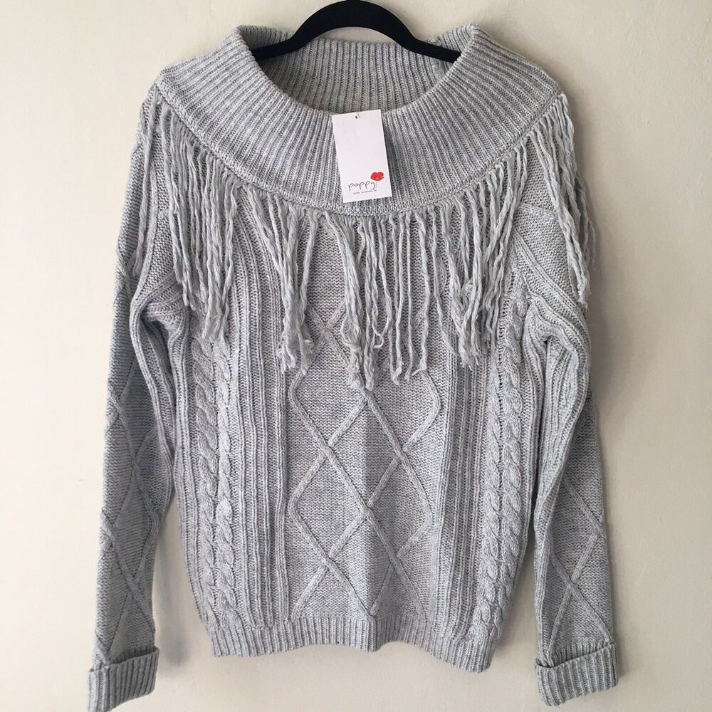 Fringe Knit Angora Off the Shoulder Sweater Small Grey Western Cowgirl Boho - Picture 2 of 10